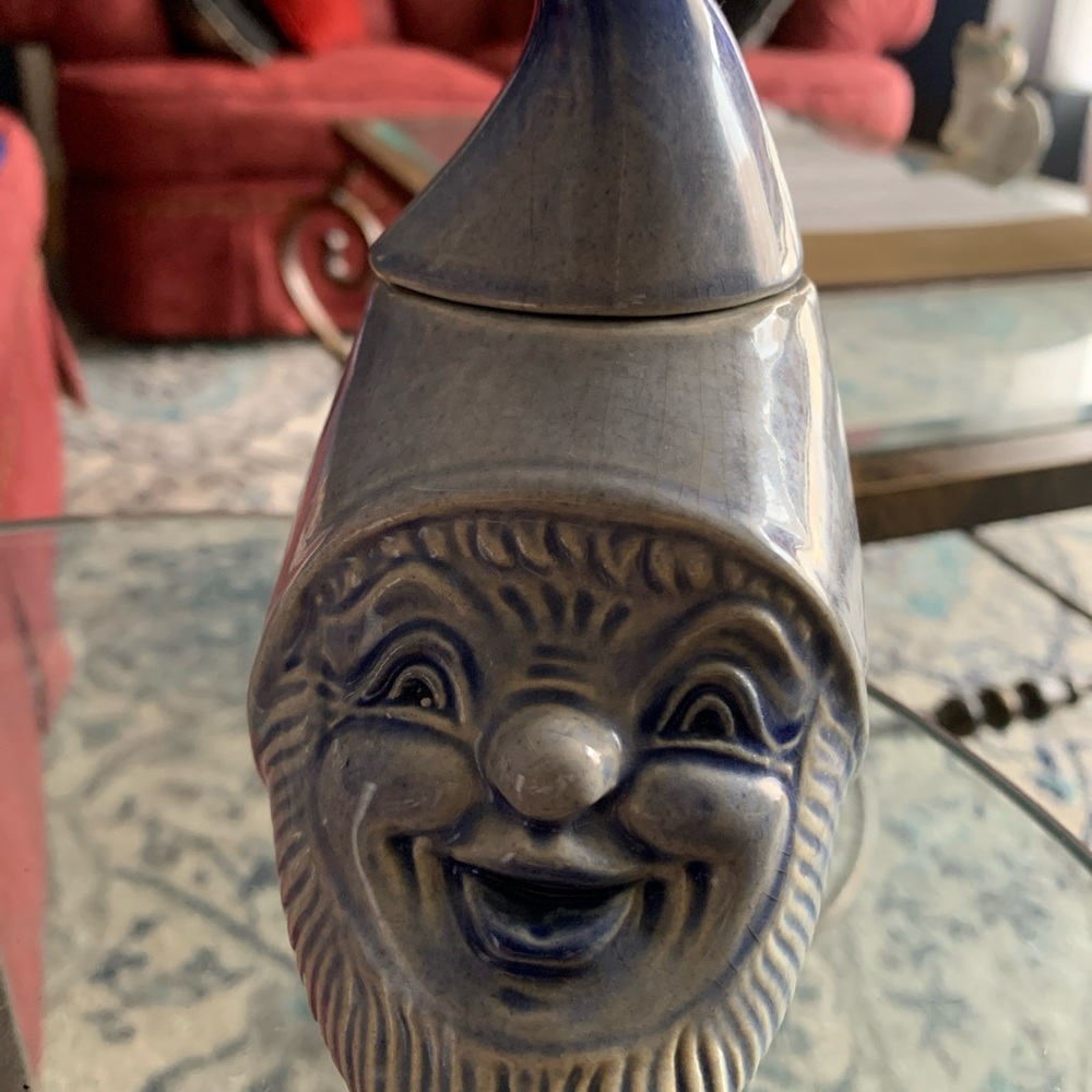 West Germany Blue Gnome Head Smiling Happy Figurine With Lid Kitchen Sugar Candy - Picture 3 of 12